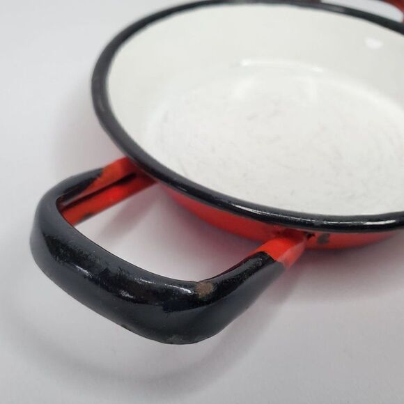 Vintage Poland Enamel Mini Handled Pan Red Black Farmhouse 3.5" Bottom Diameter - Picture 6 of 9